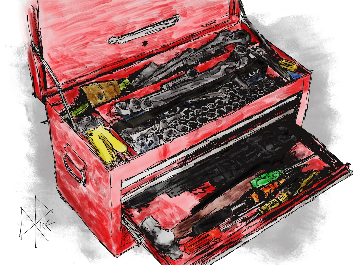 A toolbox with one drawer open - displaying a selection of screwdrivers, ball peen hammer, wrenches, ratchets, sockets, and more. Sketch art by Don Rice.