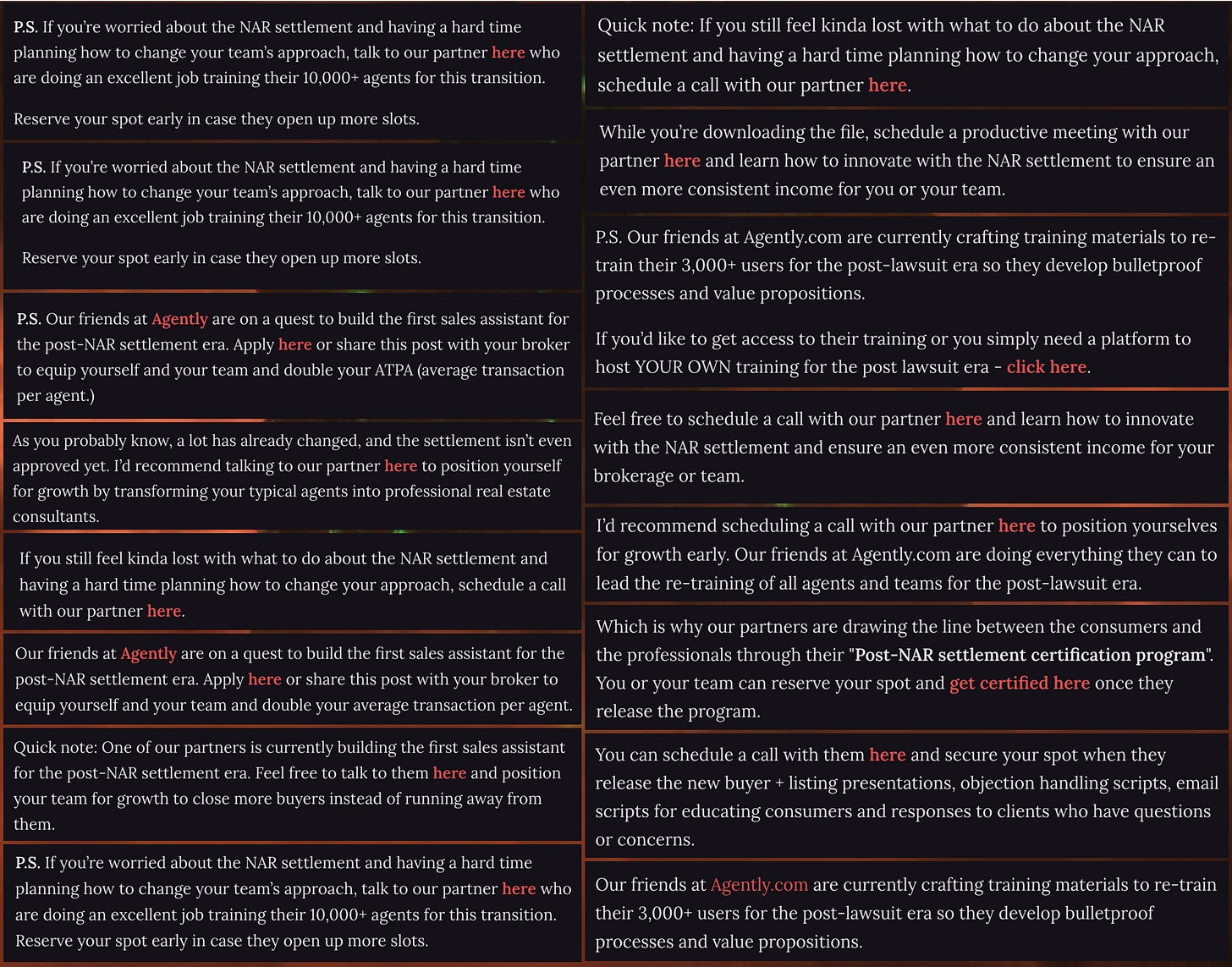 screenshots of paragraphs promoting Agently.com from 16 recent "Realtors @ Substack" posts