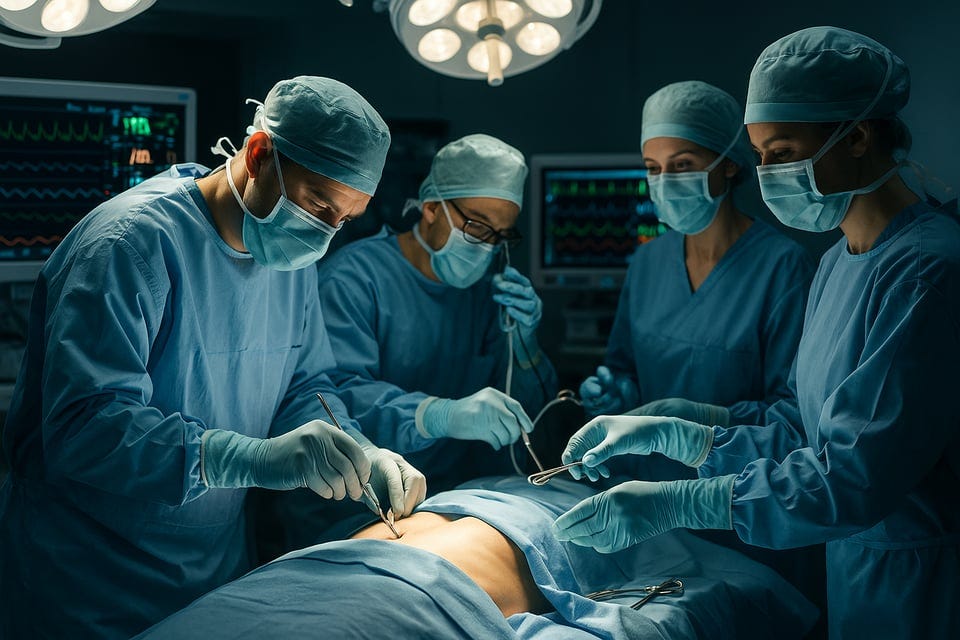 In the operating room with surgeon and team working together In the operating room with surgeon and team working together
