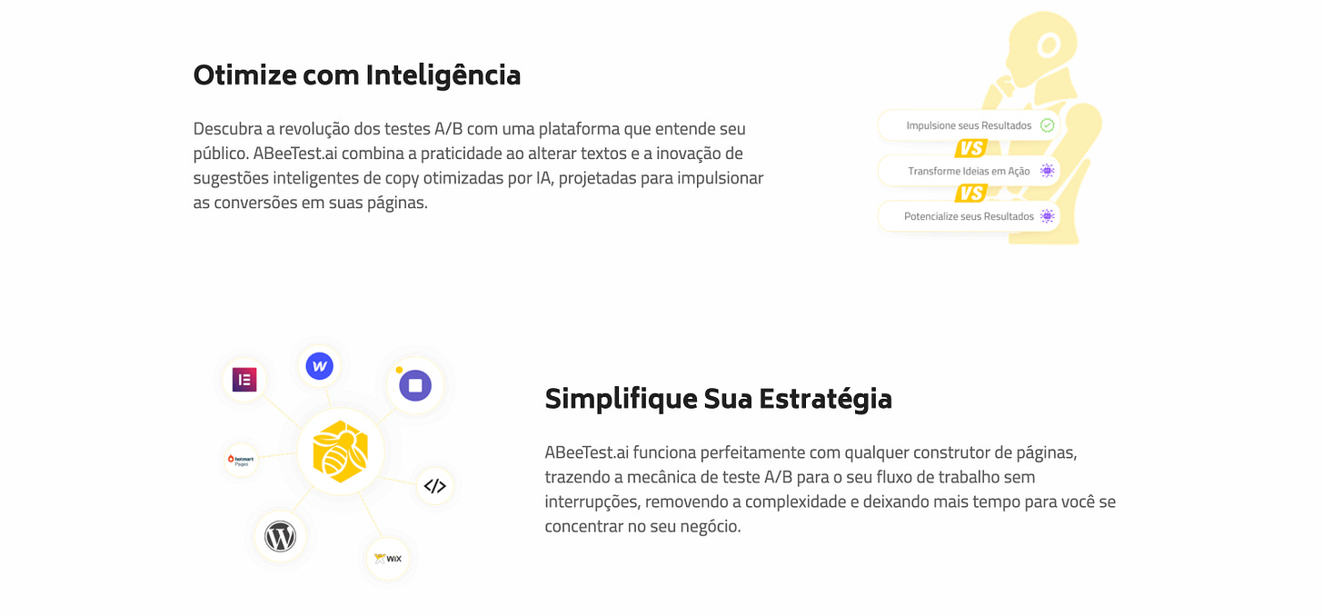 Alguns dos benefícios listados na landing page do AbeeTest.ai Alguns dos benefícios listados na landing page do AbeeTest.ai
