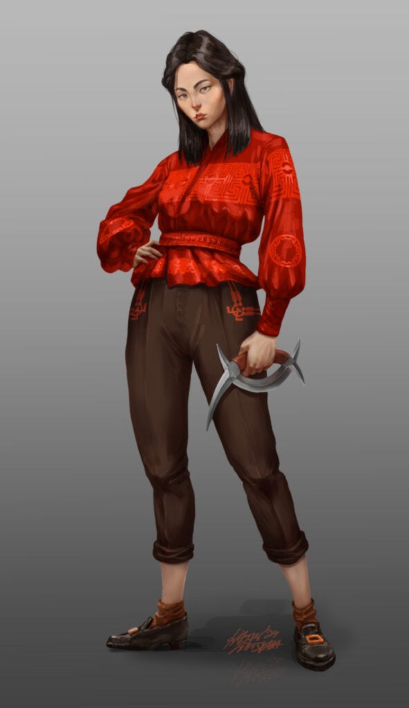 A digital painting of Liu Chenguang by Katharina Liatskaia: an East Asian woman with pale skin and shoulder-length black hair, wearing a red blouse with gold embroidery cinched at the waist and fitted brown trousers, rolled up at the calf, brown socks and black leather shoes with a gold buckle, holding a knife of crossed metal crescents (deerhorn knife)