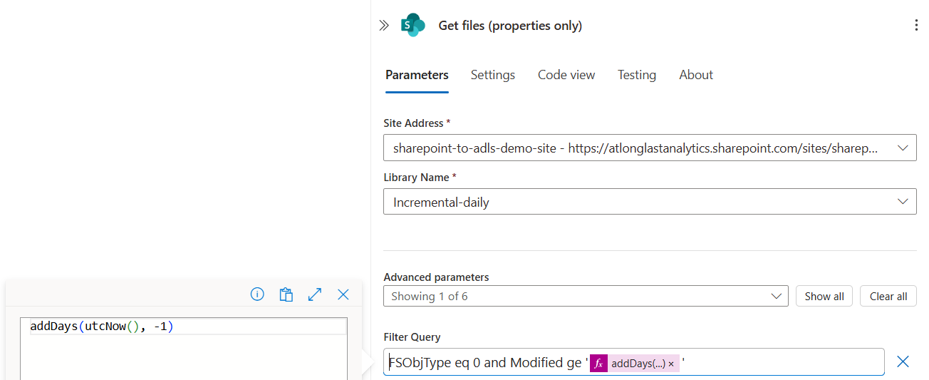 Logic App configuration to get files from SharePoint that were modified within the last 24 hours.