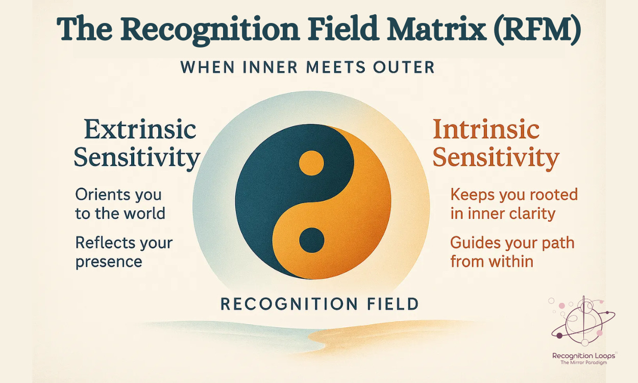 Cream poster titled “The Recognition Field Matrix (RFM) — When Inner Meets Outer.” Centre shows a teal–amber yin–yang labelled “Recognition Field.” Left text: “Extrinsic Sensitivity — Orients you to the world; Reflects your presence.” Right text: “Intrinsic Sensitivity — Keeps you rooted in inner clarity; Guides your path from within.” Recognition Loops logo bottom-right.