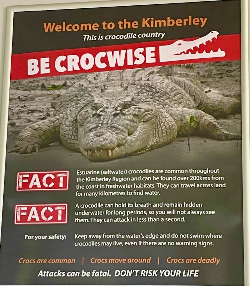 Welcome to the Kimberley, be crocwise, airport poster