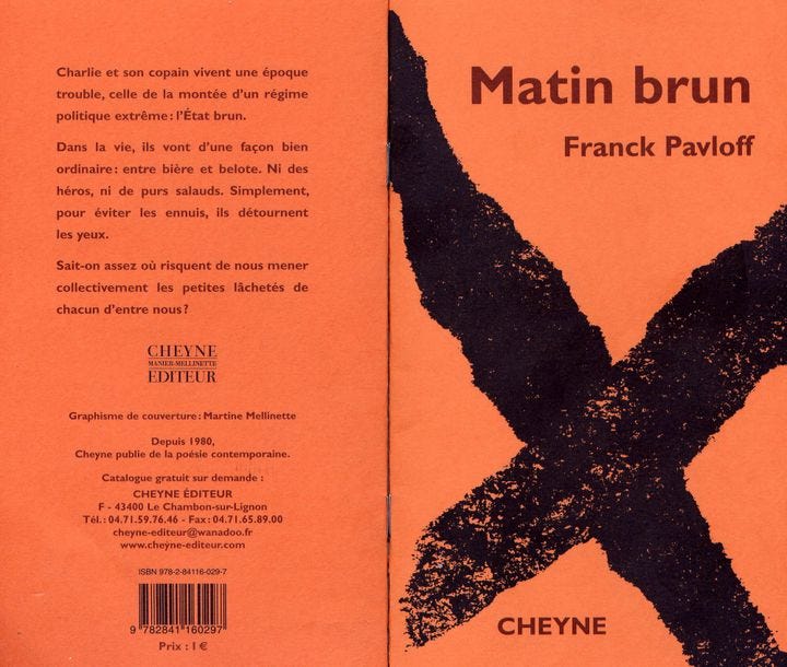 La couverture de "Matin Brun" de Franck Pavloff (Cheyne éditeur) La couverture de "Matin Brun" de Franck Pavloff (Cheyne éditeur)