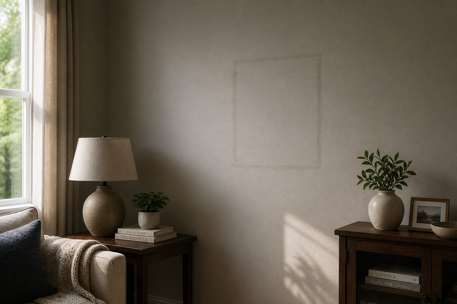 Interior wall with a faint outline where a picture frame used to hang, softly lit by natural light, creating a calm but slightly incomplete feeling