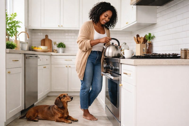 Black woman making tea in a tea kettle. Her Dachshund hound lazily sleeps on the stone tile kitchen floor, casually looking her way.