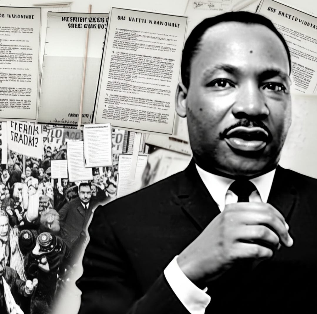 “Martin Luther King Jr. leading a peaceful march, overlaid with declassified FBI surveillance files.”