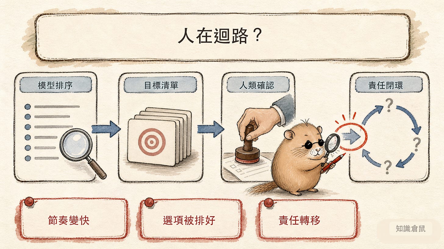人在迴路中的灰區：模型排序、目標清單、人類確認與責任閉環。