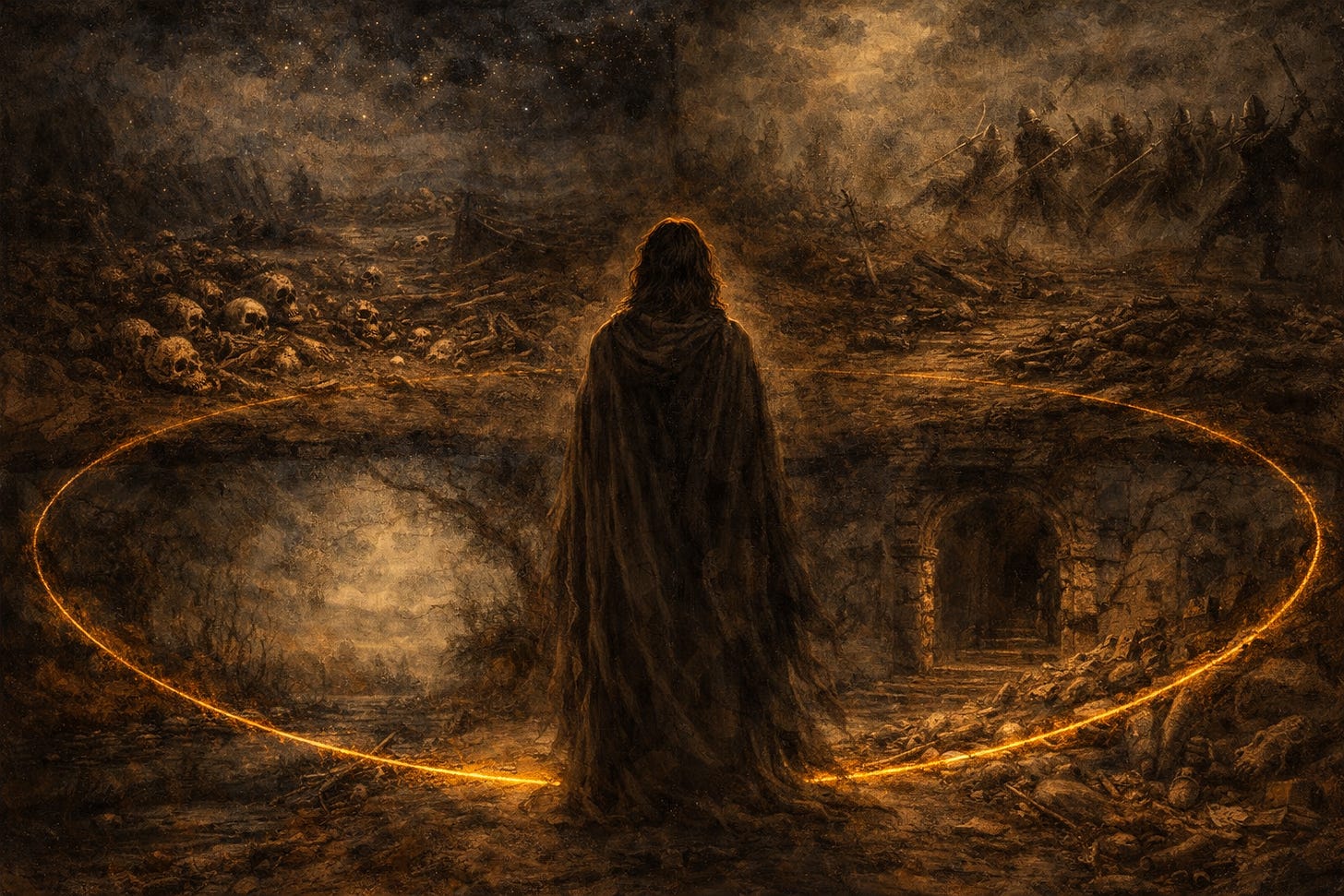 An oil-style painting shows a cloaked figure standing inside a glowing golden circle, surrounded by four shadowed landscapes—skulls, marshland, marching warriors, and a crumbling ruin.