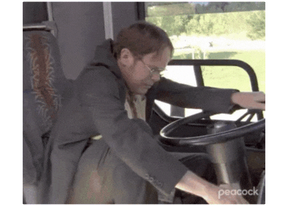 Man in a suit driving a bus and all of the passengers holding on and freaking out because it's out of control Man in a suit driving a bus and all of the passengers holding on and freaking out because it's out of control