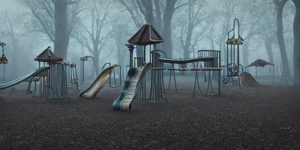 foggy spooky play ground with swings and slides at | Stable Diffusion