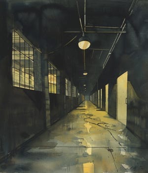 vintage watercolor illustration of an empty containment room with a softly lit enclosure and faint ribbon residue, suggesting continued activity after hours vintage watercolor illustration of an empty containment room with a softly lit enclosure and faint ribbon residue, suggesting continued activity after hours