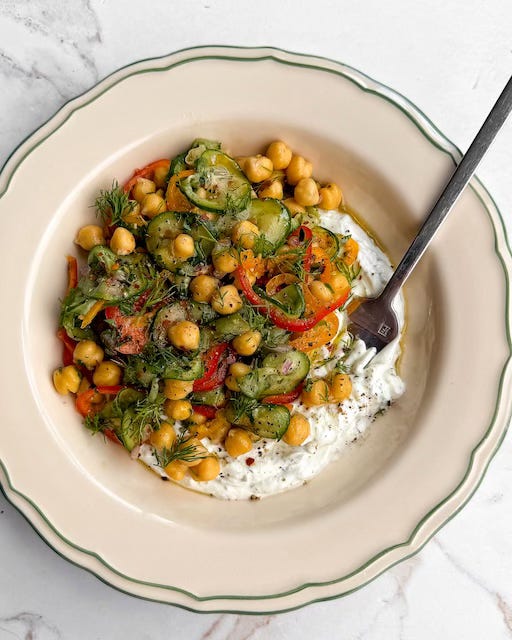 Chickpea, Cuke, and Sweet Pepper Salad over Lemony Goat Cheese