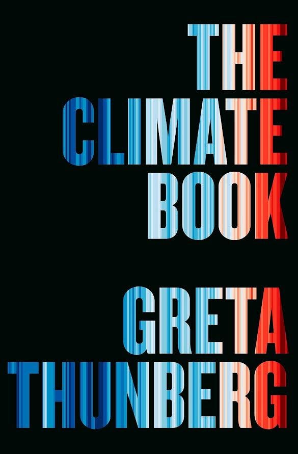 Pictured is the title of the book "The Climate Book" with a black background and the text in the same size and font as the author Greta Thunberg with red, white and blue stripes/jacked gradient as the color of the words.