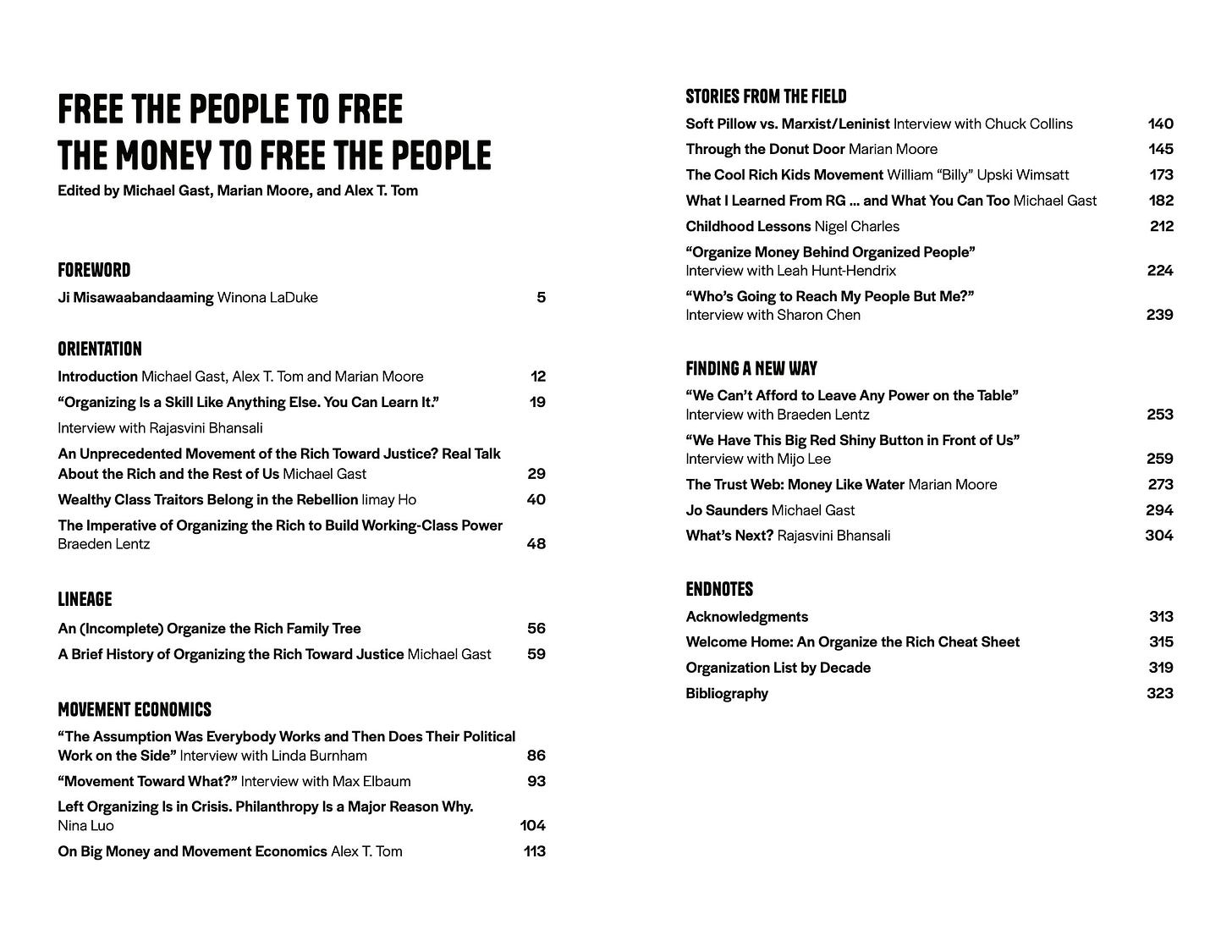 Photo of table of contents with sections including Foreword, Orientation, Lineage, Movement Economics, Stories from the Field, Finding a New Way and Endnotes.