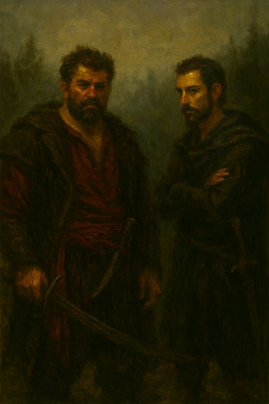 Luvash and Arrigal in the Vistani camp in Barovia. Luvash is broad-shouldered, seated on a low stool inside a large tent, his leg wrapped in blood-soaked bandages, a broken wolf trap nearby. His face is red-eyed and furious, his hand gripping a wine bottle. Arrigal stands beside him, lean and composed, arms crossed, dressed in dark Vistani garb with sharp eyes and a calculating expression. The tent is dimly lit by a brazier, with canvas walls stained and sagging. The atmosphere is tense and heavy.