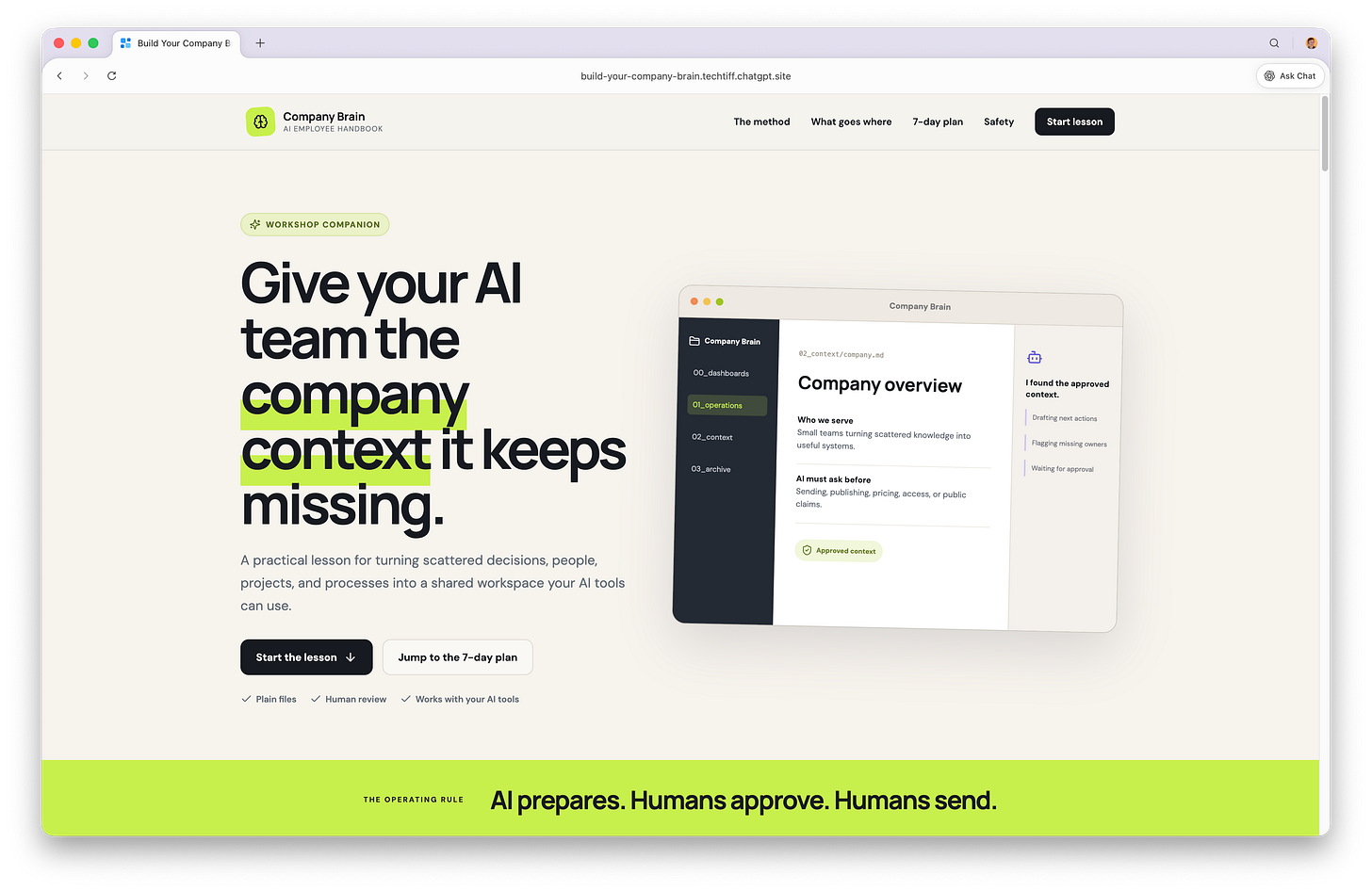 Screenshot of the Company Brain workshop website with the headline “Give your AI team the company context it keeps missing,” an interactive company overview, lesson navigation, and a seven-day plan.