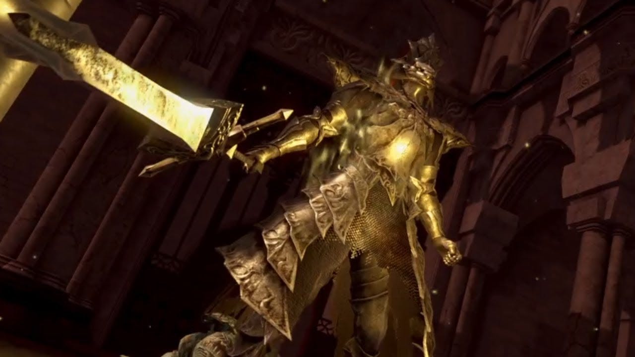 Dragonslayer Ornstein from Dark Souls, in his phase two form, tall in golden armor with a massive spear, standing in the Anor Londo Cathedral.