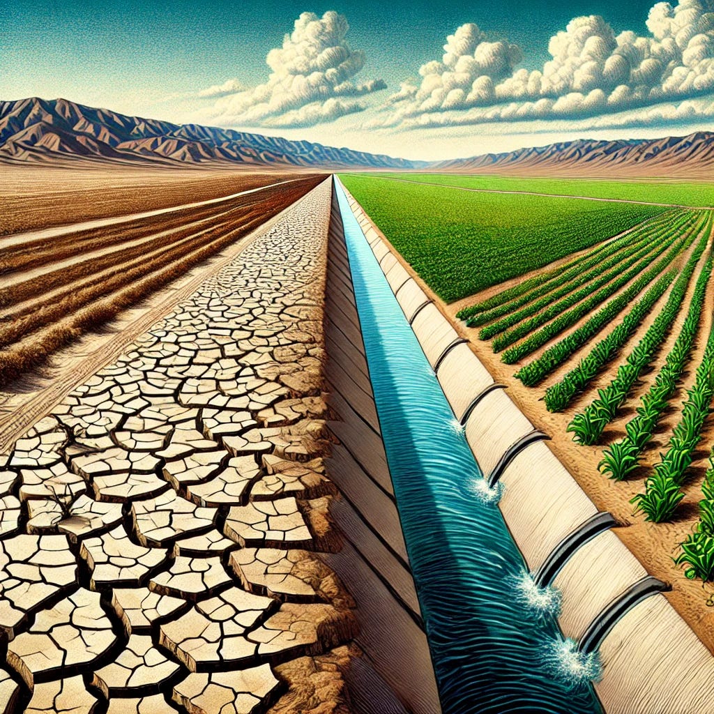 A striking illustration showing the arid landscape of the Imperial Valley in Southern California with less than three inches of annual rainfall. The image depicts dry, cracked soil and sparse vegetation under a bright, clear sky. In contrast, a large canal, the All-American Canal, runs through the scene, bringing water from the Colorado River. The canal is shown as a lifeline, with lush green farmland on one side of it, highlighting the stark difference the water makes. The illustration emphasizes the reliance of this agricultural region on water from the canal for its crops.