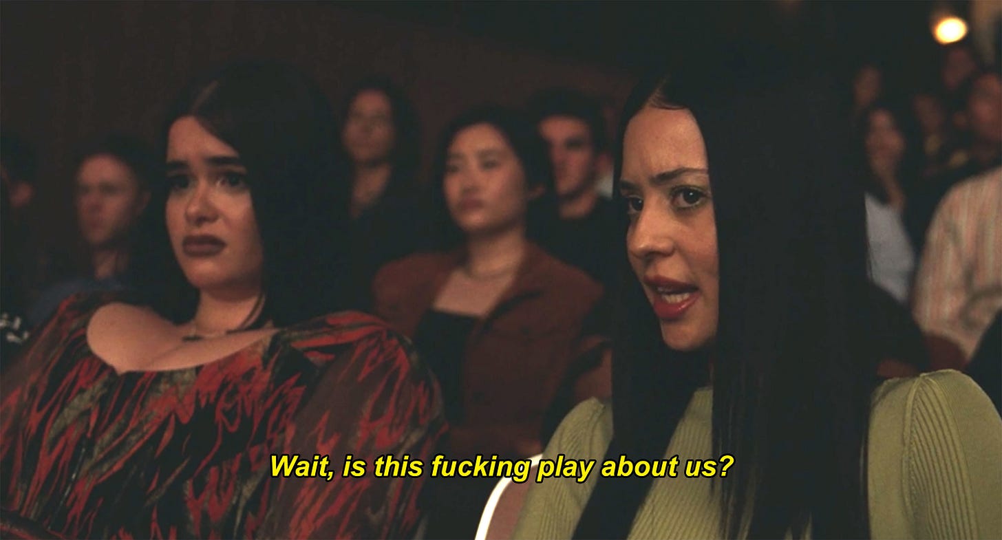 Screenshot from Euphoria, the character Maddie is sitting in an audience of a school hall and she says "Wait, is this fucking play about us?"