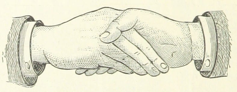 Vintage black-and-white illustration close-up of two hands grasped together in a handshake. Vintage black-and-white illustration close-up of two hands grasped together in a handshake.