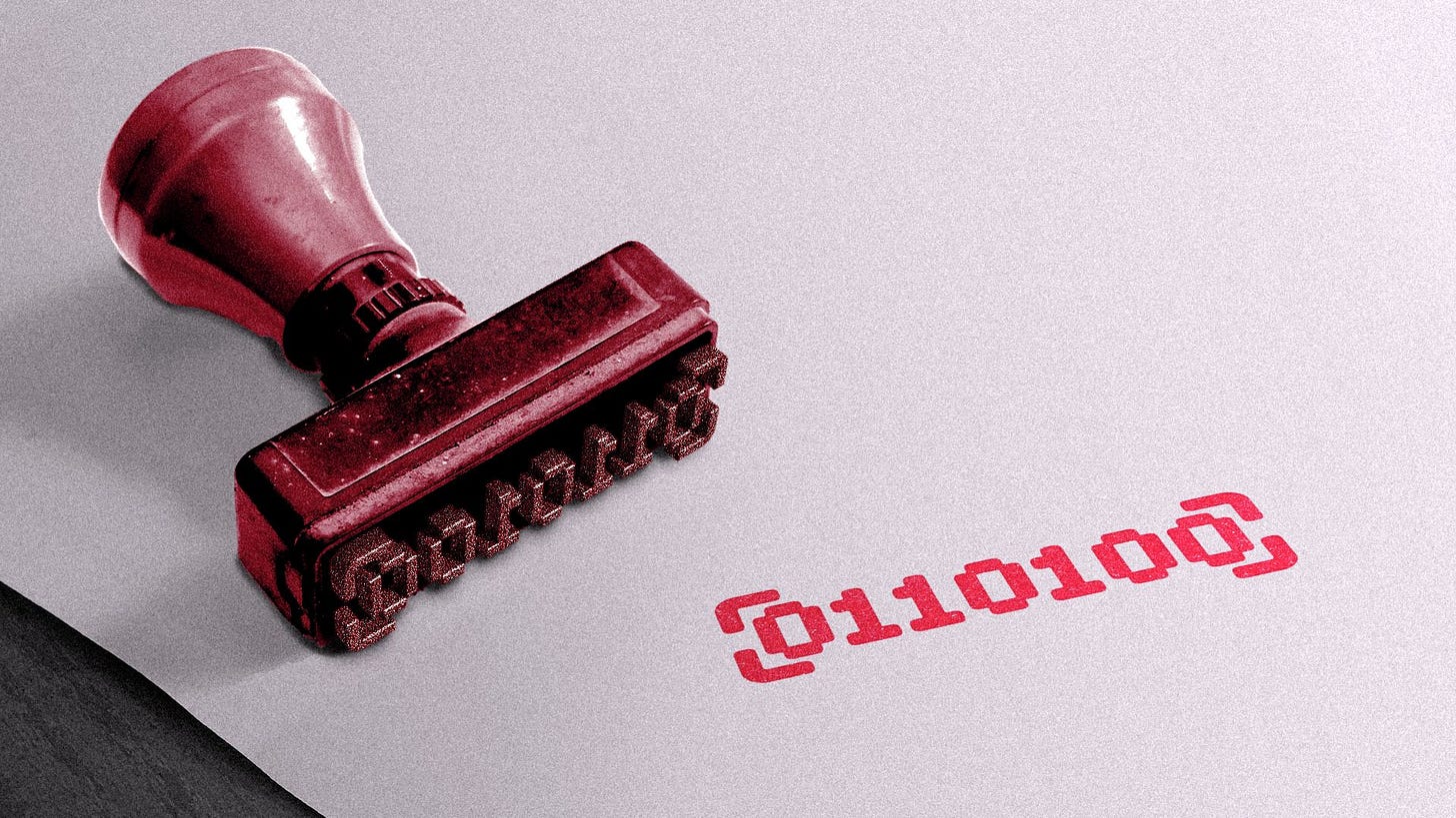 Illustration of an ink stamp in the shape of binary code, and a piece of paper stamped with the code.