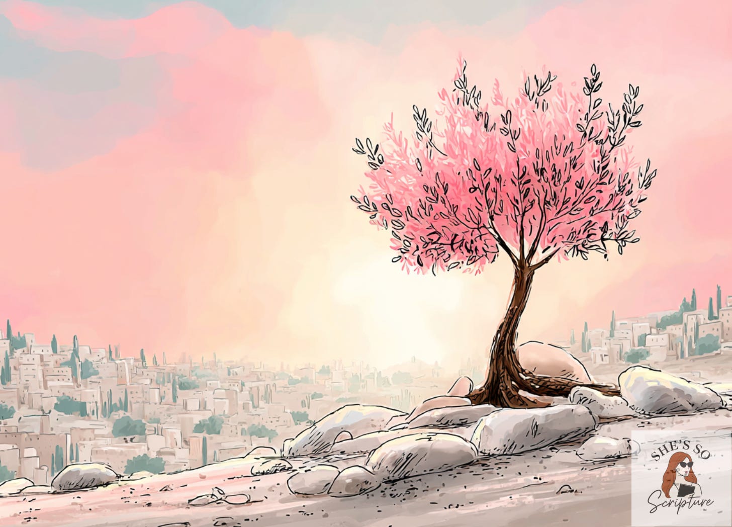 A single olive tree standing strong amid ancient ruins at sunrise, symbolizing resilience, covenant faithfulness, and divine restoration.