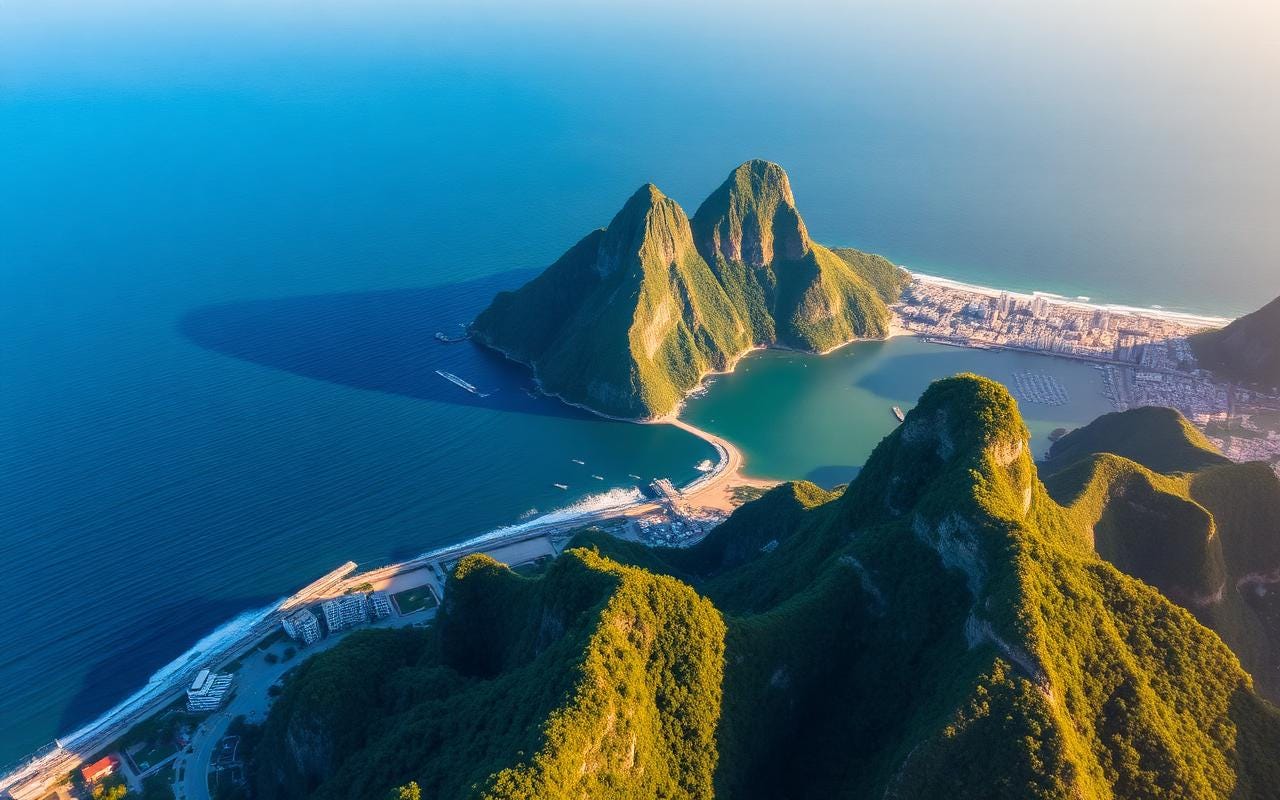 Aerial view of Rio de Janeiro coastline with green peaks meeting the Atlantic
