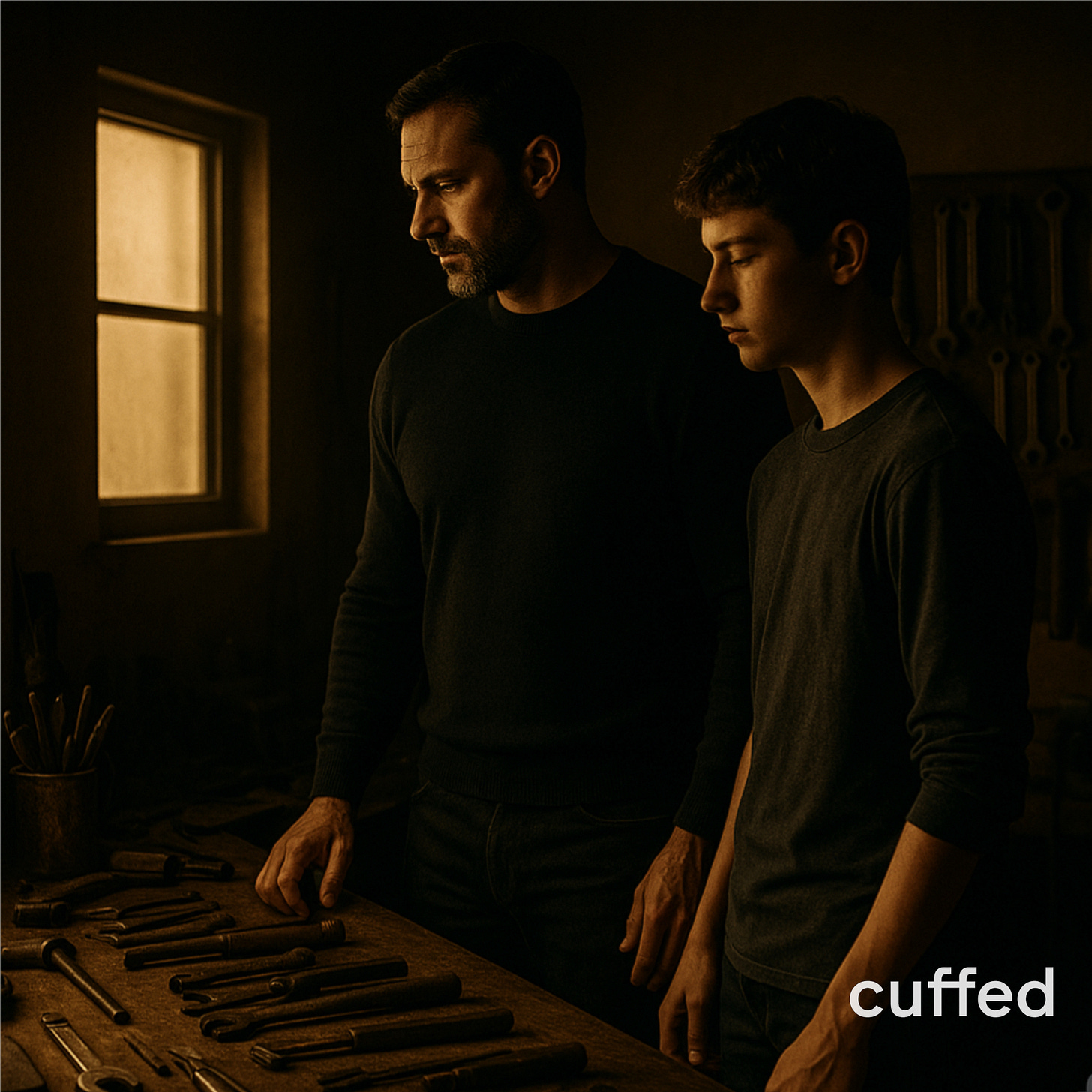 cinematic photograph of a father and teenage son standing side by side at a dimly lit wooden workbench with tools. both wear dark sweaters, gazing down in silence, bathed in warm golden window light. mood = lineage, discipline, generational inheritance. restrained, editorial, cinematic style. fused “ff” cuffed logo in white anchored bottom-right. SEO: cuffed cover art about fatherhood, masculinity, integrity, generational standards.