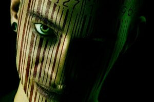 face with a barcode superimposed