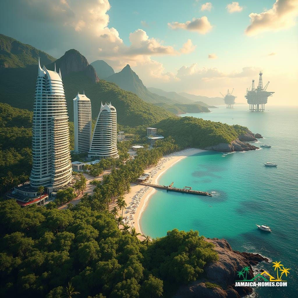 Luxurious boutique eco-resorts, sleek high-rise hotels, and vibrant entertainment complexes, crafted to cater to the booming tourism industry, amidst a breathtaking coastline with one or two colossal offshore rigs standing sentinel in the distance. Rendered in a cinematic film style, reminiscent of the works of Emmanuel Lubezki, Roger Deakins, and Hoyte van Hoytema