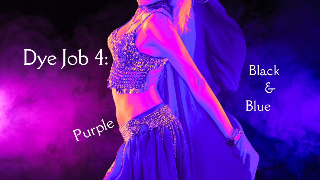 Dye Job 4: Purple, Black & Blue. A belly dancer in a costume decked with spangles, fringe and coins. The image is rendered in hyper-saturated hues with the dark, smoky background and lighting shifting from purple into blue.