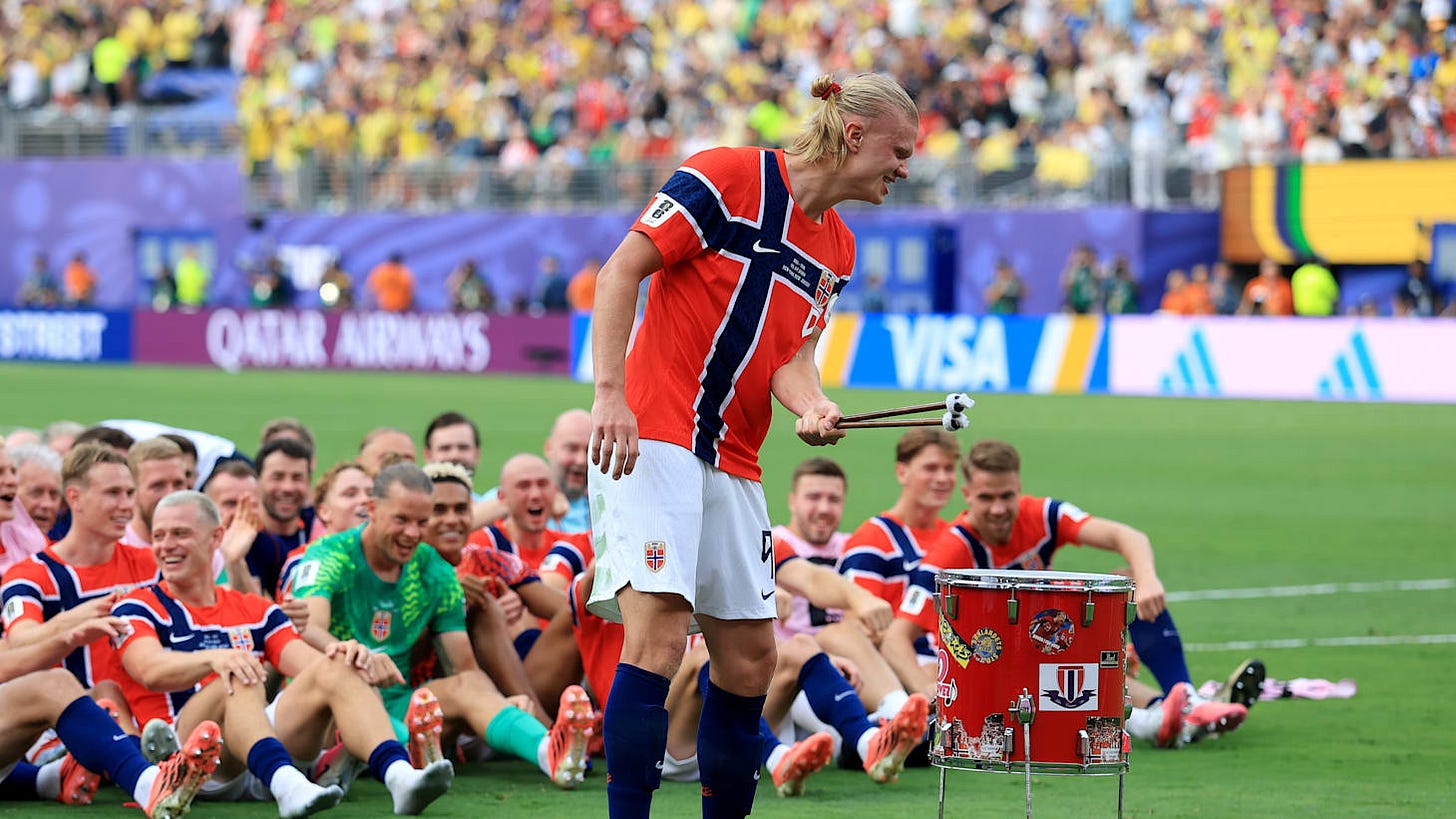 Erling Haaland conducting the ‘Viking row’ after Norway beat Brazil at the FIFA World Cup 2026. 