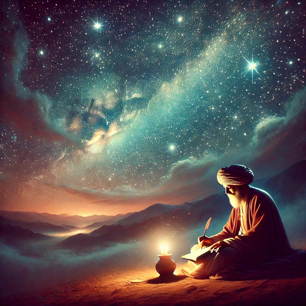 A mystical scene of the poet Rumi seated beneath a vast night sky full of stars, writing by the soft light of a candle. He is dressed in traditional Sufi attire with a turban, deep in contemplation. The stars above are brilliant, casting a gentle glow around him, and there are subtle hints of distant mountains in the background. The atmosphere feels serene and ethereal, with an otherworldly quality to the light. The overall tone is warm and poetic, capturing the peaceful solitude of a poet lost in thought under the cosmos. A mystical scene of the poet Rumi seated beneath a vast night sky full of stars, writing by the soft light of a candle. He is dressed in traditional Sufi attire with a turban, deep in contemplation. The stars above are brilliant, casting a gentle glow around him, and there are subtle hints of distant mountains in the background. The atmosphere feels serene and ethereal, with an otherworldly quality to the light. The overall tone is warm and poetic, capturing the peaceful solitude of a poet lost in thought under the cosmos.