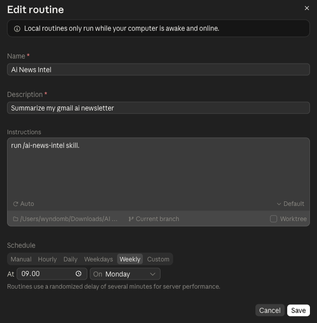 Claude Code routines showing AI News Intel to summarize AI newsletter Claude Code routines showing AI News Intel to summarize AI newsletter