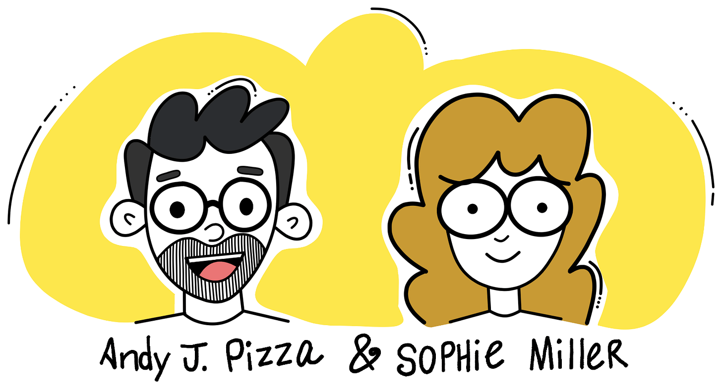 a cartoon illustration of artists Andy J. Pizza and Sophie Miller.