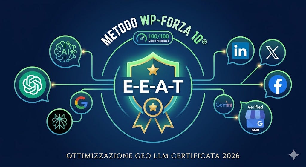 Infografica tecnica su sfondo blu scuro con al centro uno scudo luminoso recante la scritta 'E-E-A-T' sormontato da tre stelle d'oro. Sopra lo scudo è presente l'arco di testo 'METODO WP-FORZA 10®' con l'icona della velocità mobile '100/100 Mobile PageSpeed'. Linee circuitali luminose si dipartono dallo scudo centrale connettendo loghi in bolle: a sinistra 'AI' (connessioni neurali), logo OpenAI, logo Anthropic (Claude), logo Google; a destra loghi LinkedIn, X, Facebook, Gemini e la bolla 'Verified GMB'. In basso, il testo 'OTTIMIZZAZIONE GEO LLM CERTIFICATA 2026' con una scintilla.