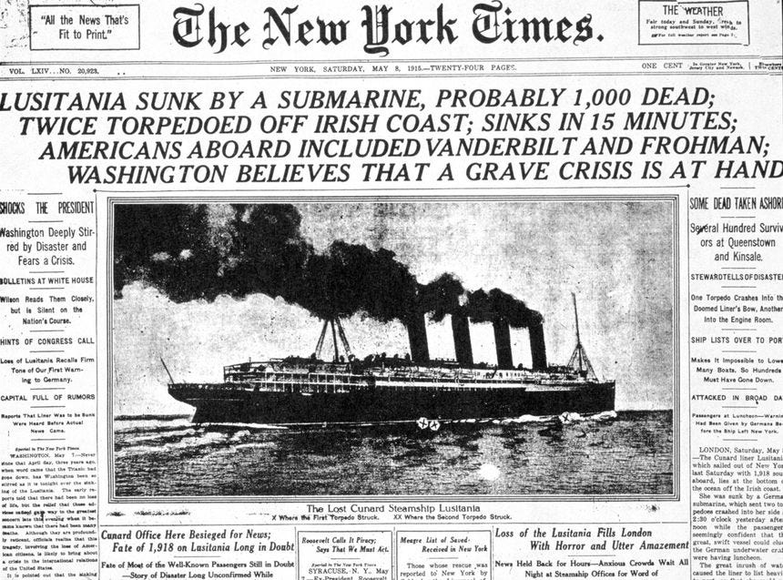 the front page of the New York Times detailing the sinking of the 'Lusitania'