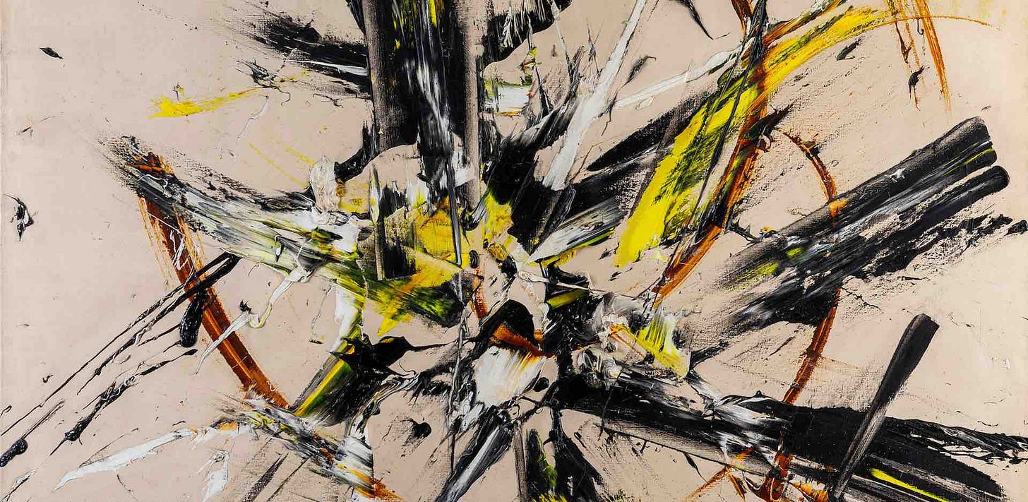Imagem: Pintura abstrata com fundo bege e pinceladas pretas e amarelas desordenadas na tela
