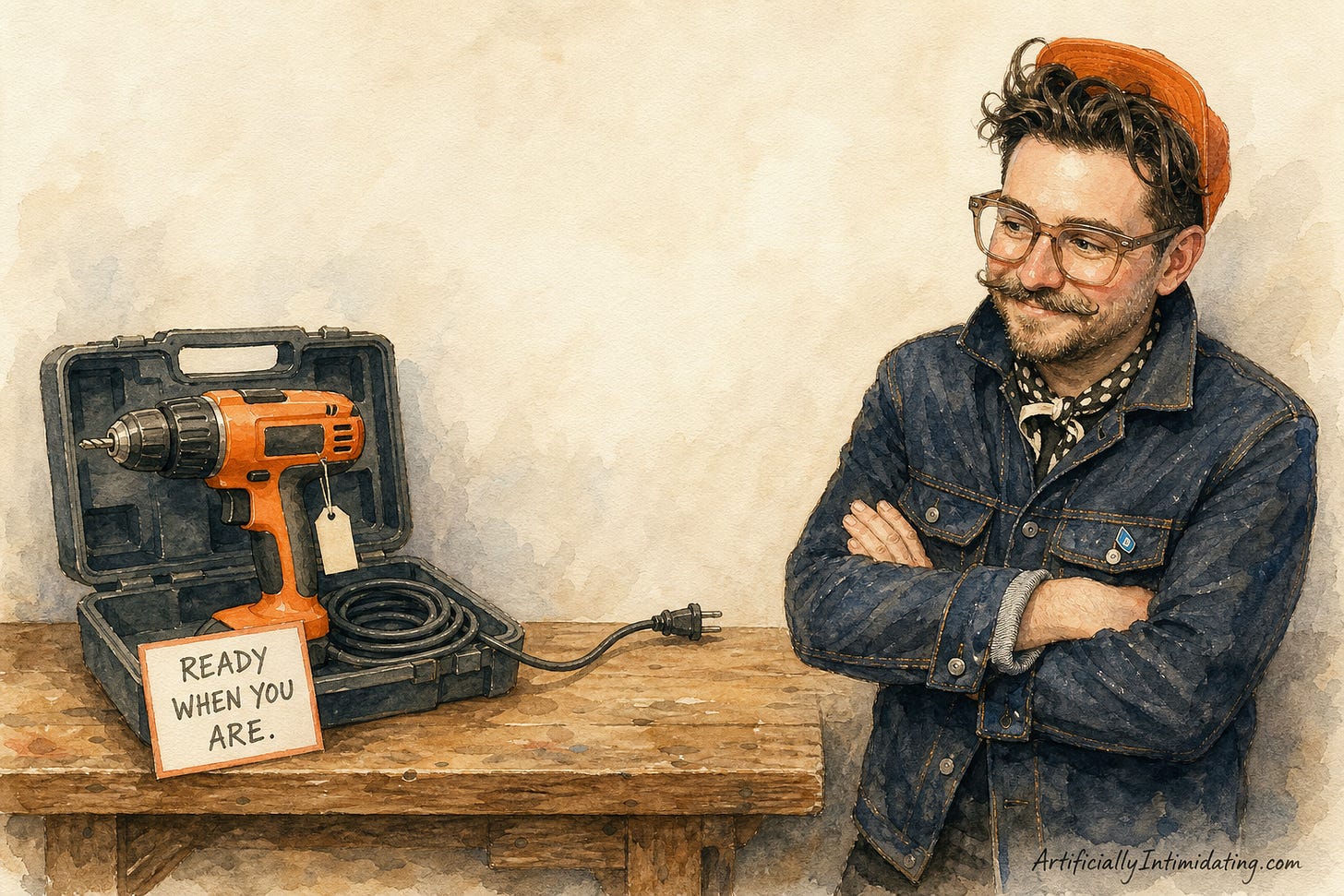 Watercolor illustration of a brand-new power drill sitting in its open case on a workbench, a hand-lettered card beside it reading READY WHEN YOU ARE, its cord ending short with no outlet anywhere in the frame, while a founder in a denim jacket looks on with arms crossed.