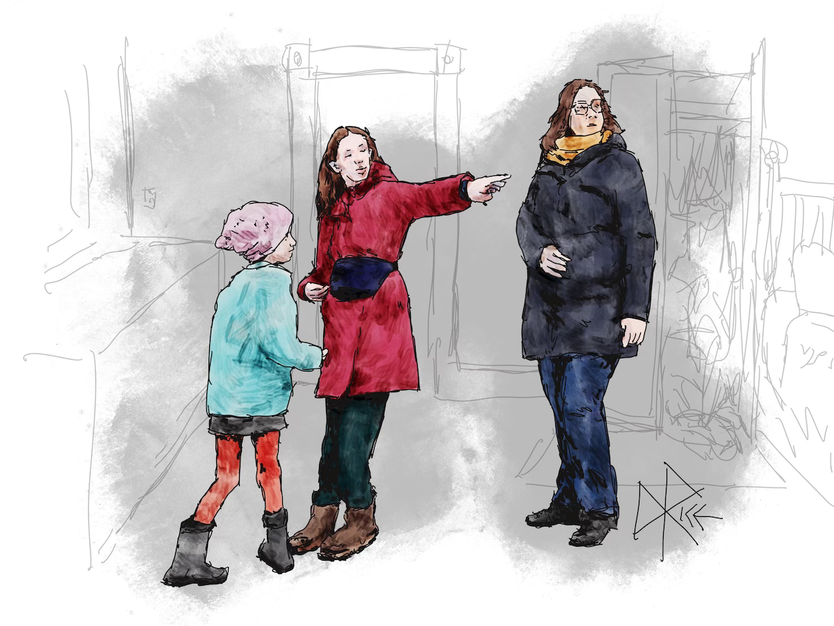 Two girls stand in a bedroom with their mother, the older girl with her arm out and pointing away from the scene. The pointing girl and woman are wearing winter coats while the younger girl is not. Sketch art by Don Rice.
