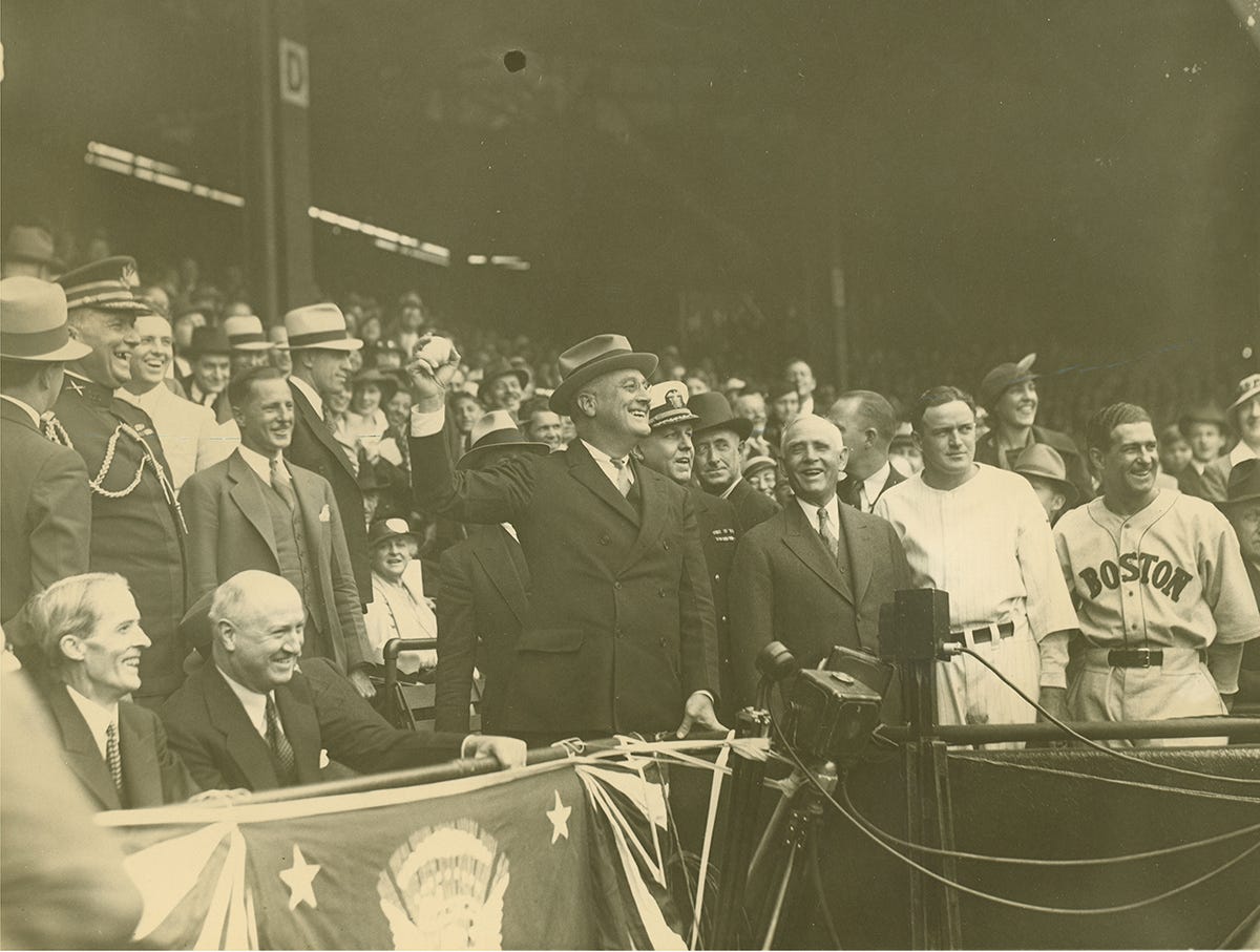 President Roosevelt throws out the first ball of the 1934 baseball season President Roosevelt throws out the first ball of the 1934 baseball season