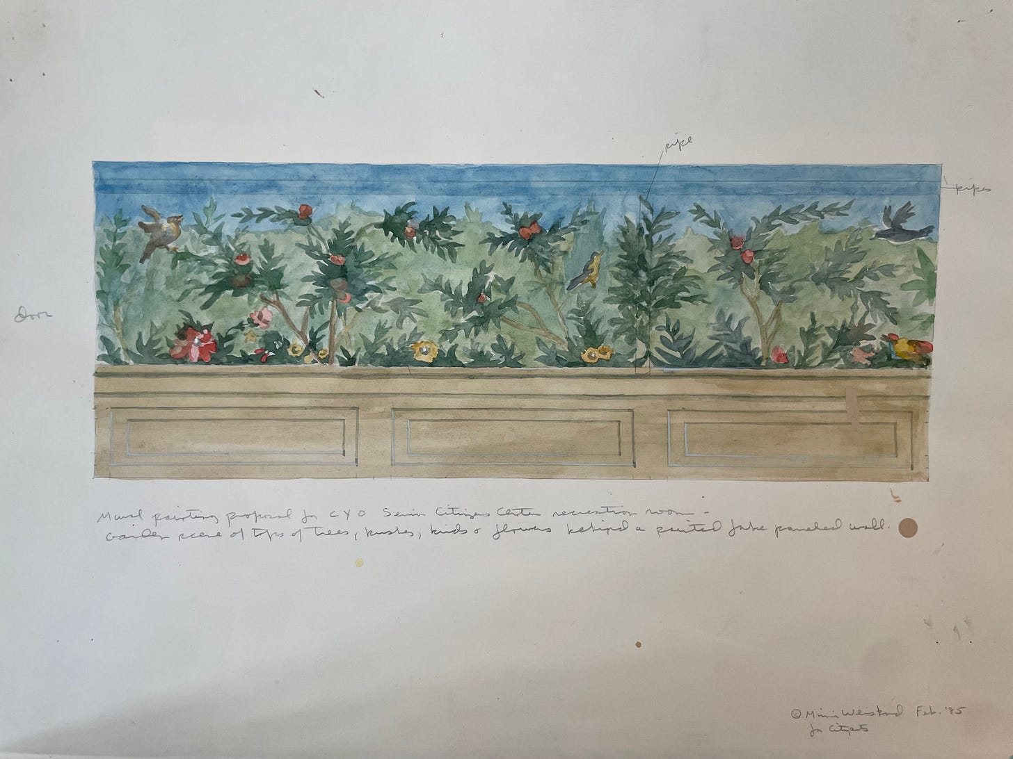 A study for her Roman Mural proposal shows blue sky with lush greenery and colorful birds and fruit resting on branches above trompe l'oeil wainscoting. Pencil markd identify the location of pipes and the door in the room. A study for her Roman Mural proposal shows blue sky with lush greenery and colorful birds and fruit resting on branches above trompe l'oeil wainscoting. Pencil markd identify the location of pipes and the door in the room.
