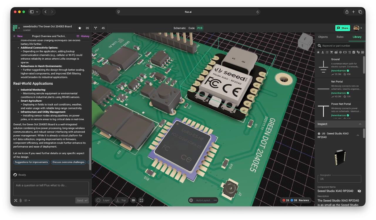 A detailed 3D view of a printed circuit board (PCB) featuring various components and a microcontroller, displayed in a design software environment.