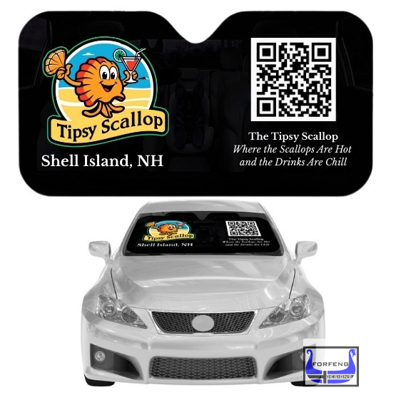 Image of a car and of a custom imprint sun shield in the windshield