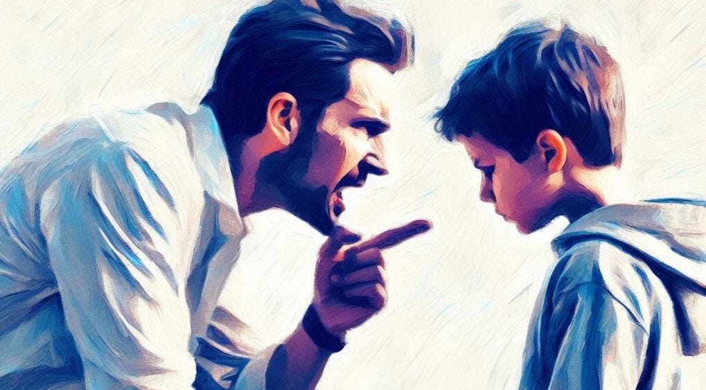 A father pointing at his young son, chewing him out