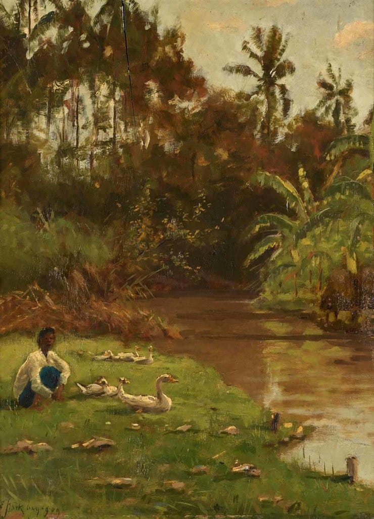 'Jüngling mit Enten an einem Bachufer auf Java' 1909 - olieverf op doek: Elias Stark (herkomst: Dobiaschofsky Auktionen AG, november 7, 2020) 'Jüngling mit Enten an einem Bachufer auf Java' 1909 - olieverf op doek: Elias Stark (herkomst: Dobiaschofsky Auktionen AG, november 7, 2020)