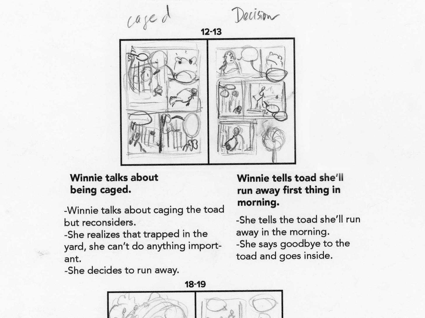 Black and white thumbnail page by graphic novelist K. Woodman-Maynard for their graphic novel adaptation of Tuck Everlasting. 