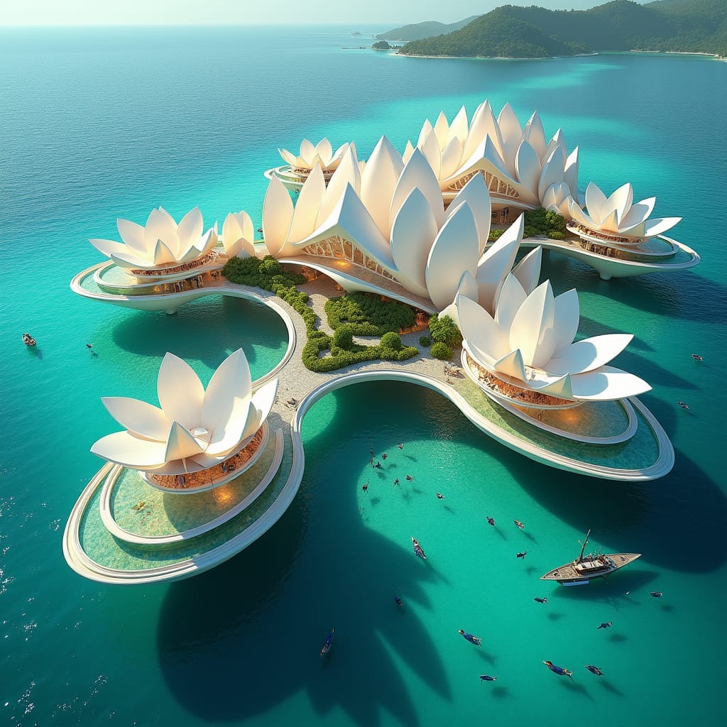 A floating commercial complex built on a series of rafts, bobbing gently on Jamaica’s crystal-clear waters. Each building is shaped like a giant futuristic flower, with petals that open and close based on sunlight. The floating walkways connect offices, retail stores, and open public spaces, all surrounded by the lagoon’s turquoise waters. Beneath the water’s surface, transparent floors offer views of marine life below. Floating architecture, organic design, futuristic eco-resort.